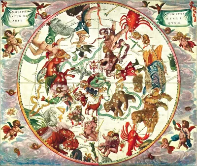 A Baroque celestial hemisphere map, depicting the constellations of the northern sky as mythological figures and animals. The circular map is bordered by a red ring marked with constellation and zodiac names. Within the map, labelled constellations appear as colourful illustrated characters: Aquarius pouring water, a large red Scorpion, Cancer as a red lobster, Pegasus as a winged horse, Ursa Major and Minor as bears, Orion, Perseus, Cygnus, Boötes, Virgo, Draco, Andromeda, and many others. Star positions are marked with small white rosettes. The map is overlaid with grid lines indicating celestial coordinates including the equinoctial and solstitial colures. The corners of the image are decorated with cherubs (putti) floating among pink and blue clouds. 