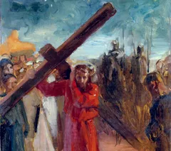 Oil painting of Christ carrying the cross, wearing a crimson robe and crown of thorns, a thin gold halo around his head. He looks directly out at the viewer while gripping the crossbeam with both raised arms. Loosely painted figures crowd around him—bystanders in white and blue robes to the left, mounted soldiers with spears silhouetted against a pale blue sky to the right. Visible, expressive brushwork throughout; no fine detail in the faces or background figures.