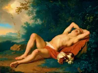 Oil painting in the Dutch Golden Age style depicting Jacob's Dream: a youth reclines asleep on rocky ground, one arm raised behind their head, wrapped loosely at the waist in an orange-red cloth draped over dark green foliage. A brown-and-white spaniel dog dozes across their legs. In the upper left, a stone stairway extends into a luminous, cloud-filled sky where small winged angel figures climb between earth and heaven, bathed in golden light against a distant blue landscape.