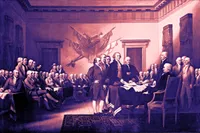 John Trumbull's painting 'Declaration of Independence,' depicting the five-man drafting committee standing before John Hancock and the Continental Congress in Philadelphia, presenting the draft document. Dozens of delegates in period dress fill the wood-paneled chamber, seated and standing around a central table. The image has been recolored in a purple-and-orange duotone rather than its original warm brown palette.