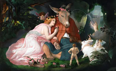 A hand-coloured mezzotint depicting a scene set in a moonlit forest. At centre, a fair-skinned woman with auburn hair, a laurel crown, and a star-spangled pink gown, gazes adoringly at a man who sits beside her with the head of a donkey, eyes closed, crowned with pink roses and dressed in a rust-red jacket. The woman holds a rose toward him. Behind them, a small winged fairy peers out from the foliage. In the foreground, a naked figure stands with his back to the viewer, watching the scene. To the right, two winged fairies ride atop a pair of white rabbits, while a third fairy floats upward in the upper right. Pink roses are scattered across the moss-covered ground.
