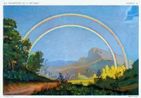 Double rainbow arching over a mountain valley, illustration from Les Phénomènes de la Physique, Planche XI. Tall trees frame the left side, low blue-grey mountains sit beneath the rainbows' arc, and a golden-lit meadow and dirt path fill the foreground. The primary and secondary bows show the reversed color order between them, with the sky darker in the band separating the two arcs. Captioned 'E. Ronjat pinxt.' and 'Digeon sculpt.' at the bottom.