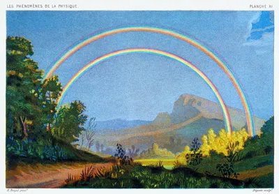 Double rainbow arching over a mountain valley, illustration from Les Phénomènes de la Physique, Planche XI. Tall trees frame the left side, low blue-grey mountains sit beneath the rainbows' arc, and a golden-lit meadow and dirt path fill the foreground. The primary and secondary bows show the reversed color order between them, with the sky darker in the band separating the two arcs. Captioned 'E. Ronjat pinxt.' and 'Digeon sculpt.' at the bottom.