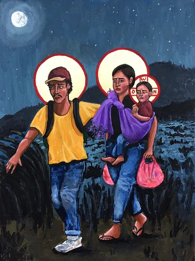 A painting depicting a family of three traveling at night through dark terrain under a moonlit, star-scattered sky. On the left, a man in a yellow t-shirt, jeans, and white sneakers carries a backpack and looks back over his shoulder with an expression of watchful urgency. Beside him, a woman in jeans and sandals carries a young child on her back in a purple wrap and holds a pink plastic bag in her hand; both she and the child look directly at the viewer with solemn, steady expressions. All three figures are crowned with Byzantine-style halos, golden circles rimmed in red, aligning the family visually with sacred iconography. Dark hills rise in the background. The painting's style blends folk art and religious icon traditions.