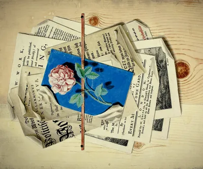 A trompe-l'œil painting depicting a scattered arrangement of printed papers, pamphlets, and book pages pinned to a light wood-grain surface by a vertical red stick or stylus. At the centre is a crumpled blue card bearing a detailed botanical illustration of a pink cabbage rose with green leaves on a dark background. The surrounding papers include fragments of English, German, and Latin text — visible phrases include 'LONDON,' 'WORK,' 'EVERY M[ONTH],' 'Printed for W. Griffin,' 'ELLARMINUS GENERTVS,' and a German title in red Gothic script reading 'Helmstädt, 1689.' The papers vary in style from English pamphlet typography to German blackletter, suggesting a multilingual 18th-century scholarly or publishing context. The overall composition mimics the look of real layered documents with careful attention to shadow and paper curl.