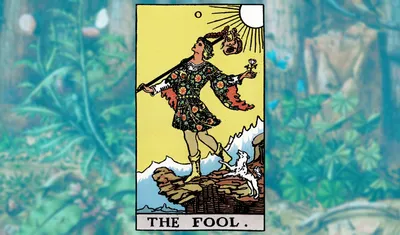 The Fool tarot card from the Rider-Waite deck, numbered 0. A young figure in an ornate, flower-patterned tunic stands at the edge of a rocky cliff, face tilted upward toward a bright sun in the upper right corner. They carry a white rose in one outstretched hand and a wooden staff over their shoulder with a small sack tied to the end. A white dog leaps up at their heels. The background is a flat yellow sky above snow-capped mountains. The card is set against a blurred, blue-green forest background. The title 'THE FOOL.' appears in a banner at the bottom.