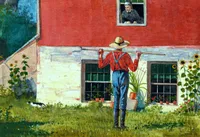 Watercolor painting of a young farmhand in a red shirt, blue trousers, and straw hat, standing with his back to the viewer in a grassy yard, a pitchfork resting over his shoulders with both wrists hooked over the handle. Behind him a whitewashed and red-brick farmhouse, with a woman leaning out an upper window watching him, and two ground-floor windows lined with potted plants. Sunflowers and a black-and-white cat appear at the left edge of the scene. Signed 'Homer '74' in the lower right.