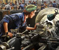 Oil painting of a young woman in a blue smock and green hairnet leaning over a lathe in a wartime munitions factory, closely adjusting a machine tool part as metal shavings curl off the spinning workpiece; rows of other factory workers, mostly women in red headscarves, are visible at benches in the background.