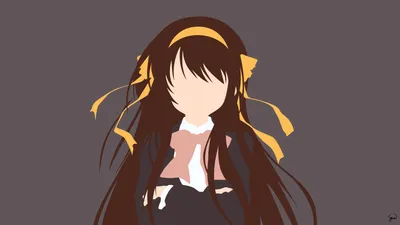 A minimalist vector-style illustration of a young anime girl with very long, flowing dark brown hair swept loosely to both sides. She wears a yellow headband and matching yellow ribbon ties near the ends of her hair. Her outfit consists of a dark navy or black school blazer over a white dress shirt with a pink bow at the collar. Her face is a flat, featureless peach shape. The background is a flat medium grey. A small artist's signature appears in the lower right corner.
