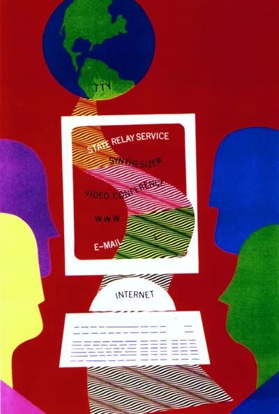 Bold, retro poster illustration in flat red, blue, green, and yellow. A globe showing North and South America in green against a blue backdrop, labeled 'TTY' sits at the top and connects via a diagonal striped beam down into a white-bordered panel. Inside that panel, five colored bands (yellow, pink-and-white, and black-and-yellow stripes) sweep diagonally across a red background, each carrying a label: 'State Relay Service,' 'Synthesizer,' 'Video Conference,' 'WWW' and 'E-Mail.' Below the panel, a white computer labeled 'Internet' leads down to a stylized keyboard rendered as rows of dashed blue lines on a white rectangle, above a black-and-white striped band. Flanking the whole column are two large abstract head silhouettes built from layered flat shapes, purple and yellow on the left, blue and green on the right, facing inward.
