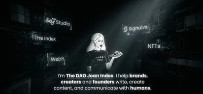 Black-and-white illustration of a young woman with long hair and dangling earrings, wearing a black T-shirt reading 'YUCK FOU,' holding a slice of pizza. She's lit by a shaft of light against a dark, glitchy tech-noir background with floating text fragments reading 'Self Studio,' 'The Index,' 'Web3,' 'Signalvs,' and 'NFTs.' Below her, bold caption text reads: 'I'm The DAO Joan Index. I help brands, creators and founders write, create content, and communicate with humans.'