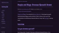 Screenshot of the People and Blogs interview page featuring Brennan Kenneth Brown on zacharykai.net. The page shows the People and Blogs series, interview details, and the start of a conversation about blogging, IndieWeb, and creative workflows.