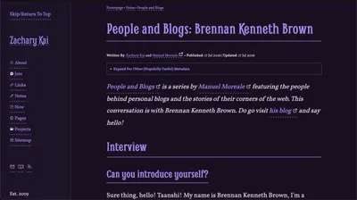 Screenshot of the People and Blogs interview page featuring Brennan Kenneth Brown on zacharykai.net. The page shows the People and Blogs series, interview details, and the start of a conversation about blogging, IndieWeb, and creative workflows.