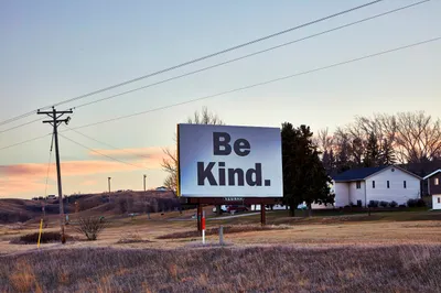 A large roadside billboard reading 'Be Kind.' in bold black letters on a white background, mounted on a 'Newman' sign structure in a grassy field at dusk. A wooden power pole with lines runs along the left, with rolling hills, a house, evergreen and bare trees, and a soft pink-and-blue sunset sky in the background.