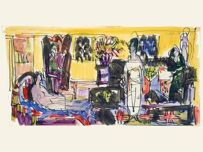 A loose, expressive watercolour and ink sketch depicting an interior scene with multiple figures. A reclining nude figure in blue and pale pink dominates the lower left foreground. Behind them, a seated figure in purple and green occupies a chair. The background is filled with warm golden yellow and features framed artworks or windows on the wall, rendered in dark gestural lines. Additional standing or seated figures are suggested on the right side through rapid, overlapping ink marks in blue, green, and dark brown. Red accents appear throughout the composition. The style is spontaneous and gestural, characteristic of mid-20th century expressionist drawing.