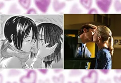 Split-image comparison on a purple heart-patterned background. Left: a black-and-white illustrated panel showing one person cupping another's bloodied face, eyes closed, foreheads nearly touching. Right: a color photo of a couple kissing in a dim hallway, one in a suit and tie, the other in a blue patterned top.
