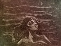 A textured, sepia and rust-colored drawing on a heavily grained surface. A woman's face appears in profile at the center, eyes closed, chin tilted upward. Her hair dissolves into dozens of long, wavy parallel lines that sweep across the entire composition like ocean waves or wind currents, blurring the boundary between hair and atmosphere. A small pale circle, suggesting a moon, sits in the upper right