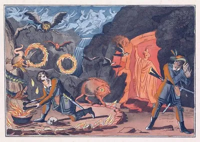 A dramatic 19th-century illustration depicting a fantastical nocturnal scene with supernatural elements. In a dark, cavernous setting lit by orange flames, several figures engage with demonic or mythological creatures.
