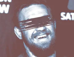 Close-up duotone (blue and maroon) portrait of a bearded man laughing with his eyes crossed out by rough dark scribble marks. Partial white text is visible in the background, including 'W' on the left and 'SAT' on the right, suggesting a poster or promotional graphic.