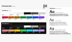 Brand board for brennan.day showing two colour palettes and three typefaces. The 'Sunflower' light-mode palette lists neutrals White, Cultured Pearl, Gallery, Cod Gray, Tundora, and Alto, plus accents Cardinal (red), Rock Spray (orange), Chelsea Gem (olive/gold), Jewel (green), Metallic Seaweed (teal), New Car (blue), and Electric Violet (purple), each with hex codes. The 'Moonflower' dark-mode palette lists neutrals Cod Gray, Eerie Black, Eerie Black+, Concrete, Nobel, and Tundora, plus accents Shimmering Blush (pink), Porsche (orange), Gold, Emerald (green), Cyan, Malibu (light blue), and Mauve (purple), each with hex codes. To the right, three typefaces show sample uppercase, lowercase, and numeral glyphs: Young Serif for headings and titles, Newsreader (with italic) for body text, and Public Sans (with bold) for navigation, UI, and metadata. All served by Bunny Fonts.