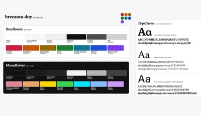 Brand board for brennan.day showing two colour palettes and three typefaces. The 'Sunflower' light-mode palette lists neutrals White, Cultured Pearl, Gallery, Cod Gray, Tundora, and Alto, plus accents Cardinal (red), Rock Spray (orange), Chelsea Gem (olive/gold), Jewel (green), Metallic Seaweed (teal), New Car (blue), and Electric Violet (purple), each with hex codes. The 'Moonflower' dark-mode palette lists neutrals Cod Gray, Eerie Black, Eerie Black+, Concrete, Nobel, and Tundora, plus accents Shimmering Blush (pink), Porsche (orange), Gold, Emerald (green), Cyan, Malibu (light blue), and Mauve (purple), each with hex codes. To the right, three typefaces show sample uppercase, lowercase, and numeral glyphs: Young Serif for headings and titles, Newsreader (with italic) for body text, and Public Sans (with bold) for navigation, UI, and metadata. All served by Bunny Fonts.