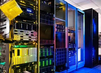 A server room with multiple open rack cabinets filled with densely packed hardware, illuminated by dramatic coloured lighting: yellow on the left, pink and green in the centre, and blue on the right. Status indicator LEDs in amber, green, and red dot the equipment.
