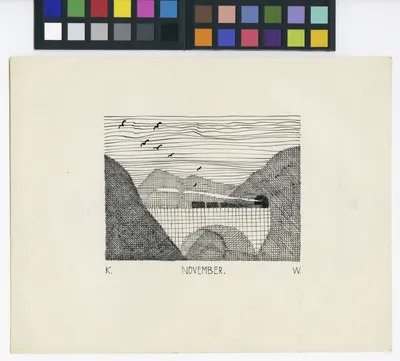Pen-and-ink illustration titled 'November,' signed K. and W. Two crosshatched hills frame a valley, with a line of birds flying across a sky rendered in horizontal wavy strokes, growing smaller as they recede into the distance. A cluster of dark, blocky shapes sits in the middle distance where the hills meet, with a pale diagonal gap suggesting mist or a break in the land.