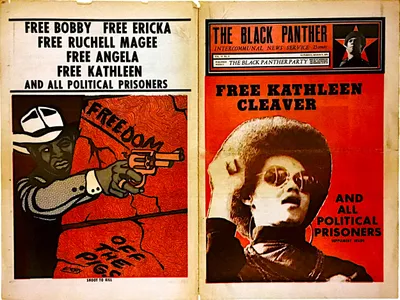 Open spread of The Black Panther newspaper, Vol. VI No. 6, dated Saturday, March 6, 1971, priced at 25 cents, published weekly by the Black Panther Party out of San Francisco, CA. Left page: bold block-letter text across the top reads 'FREE BOBBY / FREE ERICKA / FREE RUCHELL MAGEE / FREE ANGELA / FREE KATHLEEN / AND ALL POLITICAL PRISONERS.' Below is a stylized illustration in red, black, and grey of a figure in a wide-brimmed hat aiming a revolver directly at the viewer, the word 'FREEDOM' visible in the background and the phrase 'OFF THE PIGS' partially legible at the bottom; the image is captioned 'SHOOT TO KILL.' Right page: the newspaper's masthead features a Black Panther Party logo with a red star and portrait. The headline reads 'FREE KATHLEEN CLEAVER / AND ALL POLITICAL PRISONERS / SUPPLEMENT INSIDE' in large black type on a red background, alongside a sepia-toned photographic portrait of Kathleen Cleaver.
