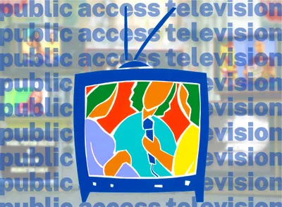 A graphic illustration featuring a vintage blue television set centered on the image, its antenna tilting to the right. The TV screen contains a vibrant stained-glass-style composition of diverse human faces and silhouettes rendered in bold colours. Orange, red, green, teal, turquoise, yellow, and lavender. A crowd and community of voices. The background is a repeating diagonal pattern of the words 'public access television' in translucent blue text, layered over a blurred cityscape, a busy commercial street.