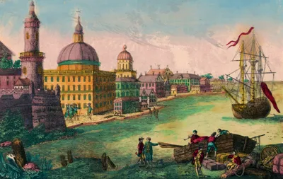 Hand-colored historical engraving of a European colonial waterfront, depicting an 18th-century port city. A broad river or harbor curves through the center, with a large sailing ship flying red pennants anchored at right. In the foreground, workers unload barrels and crates from wooden boats while several figures in brightly colored coats converse along the shoreline. Across the water stands a dense cluster of pastel-colored buildings dominated by a large domed cathedral and a tall stone tower, with additional church spires rising behind them. The sky is pale blue with soft pink clouds, giving the scene a calm, idealized atmosphere.