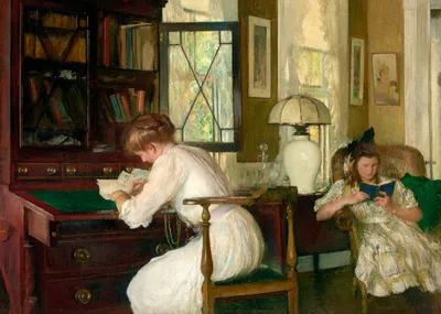 Impressionist interior scene: a woman in a white dress leans over a mahogany writing desk, pen in hand, beside a leaded-glass window with a bookcase behind her. To the right, a girl in a patterned dress and dark hair bow sits in a wingback chair reading a small blue book, lit by a white ceramic lamp on a side table