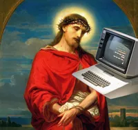 Digital collage combining a classical religious painting of Christ crowned with thorns and wrapped in a red robe, wrists bound, with an old CRT computer monitor and beige keyboard (styled like an early Commodore/Apple II setup) spliced into the foreground. The screen displays glowing green terminal text, evoking a text-adventure or command-line interface, as if Christ is looking down at the machine.
