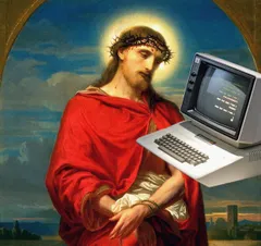 Digital collage combining a classical religious painting of Christ crowned with thorns and wrapped in a red robe, wrists bound, with an old CRT computer monitor and beige keyboard (styled like an early Commodore/Apple II setup) spliced into the foreground. The screen displays glowing green terminal text, evoking a text-adventure or command-line interface, as if Christ is looking down at the machine.