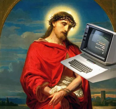 Digital collage combining a classical religious painting of Christ crowned with thorns and wrapped in a red robe, wrists bound, with an old CRT computer monitor and beige keyboard (styled like an early Commodore/Apple II setup) spliced into the foreground. The screen displays glowing green terminal text, evoking a text-adventure or command-line interface, as if Christ is looking down at the machine.