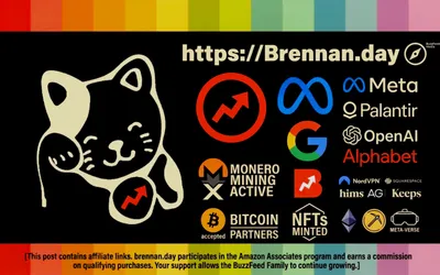 A promotional graphic for brennan.day. At the top is a rainbow gradient bar. Centered text reads 'https://Brennan.day.' On the left, a cartoon maneki-neko (lucky cat) holds a coin with a red upward-trending stock arrow. Across the image are logos and buzzwords implying corporate and tech partnerships: the BuzzFeed logo, Meta, Palantir, OpenAI, Google/Alphabet, NordVPN, Squarespace, Hims, AG1, and Keeps. Other icons and labels claim 'Monero Mining Active,' 'Bitcoin Accepted,' 'Bitcoin Partners,' 'NFTs Minted,' an Ethereum symbol, a pickaxe crypto-mining icon, and a 'Meta-verse' VR headset graphic.
