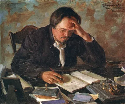 Oil painting (1904) of a man seated at a cluttered desk, writing with a pen while pressing one hand to his forehead in concentration. He wears a dark jacket and glasses, surrounded by open books, stacked papers, and an inkwell. The background is a muted blue-grey. Signed in Cyrillic in the upper right corner.
