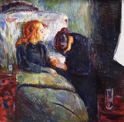 A red-haired girl sits propped up in bed, pale and fragile, her gaze directed slightly downward. Beside her, a dark-clothed figure bows their head low over the bed in a posture of grief or exhaustion, their face hidden. The bedclothes are rendered in muted greens and yellows; the background is a loose, agitated wash of greens, whites, and blues. The brushwork is expressionistic and urgent throughout. A glass and small vessels are visible on a bedside table to the right. The overall palette is heavy with dark blues, deep reds, and earthy tones, giving the scene an atmosphere of sorrow and vigil.