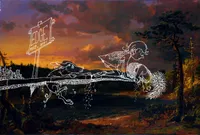 A white line drawing of a child and a dog crawling along a sidewalk that stops in midair, set over a dark Hudson River School-style landscape at sunset. A sign at the sidewalk’s start reads “EDGE. KEEP OFF!” and a small city skyline sits at the far left. The child, in a flowered dress, leans over the sidewalk’s end with hair hanging down, while the dog creeps along beside. Behind them, a fiery orange and purple sky hangs above a still lake, wooded hills, and a pine on the right.