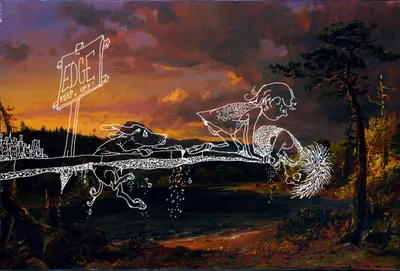 A white line drawing of a child and a dog crawling along a sidewalk that stops in midair, set over a dark Hudson River School-style landscape at sunset. A sign at the sidewalk’s start reads “EDGE. KEEP OFF!” and a small city skyline sits at the far left. The child, in a flowered dress, leans over the sidewalk’s end with hair hanging down, while the dog creeps along beside. Behind them, a fiery orange and purple sky hangs above a still lake, wooded hills, and a pine on the right.