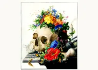 A vanitas still life painting of a human skull crowned with a lush bouquet of flowers (yellow chrysanthemums, blue cornflowers, orange daisies, morning glories, and a red poppy), with a butterfly and small snail resting among the blooms. A curled sheet of music and a stalk of wheat lie in front of the skull, a long bone rests beside it, and a guttering candle and hourglass-like object sit in the shadowy background, all on a stone ledge.