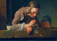 Oil painting of a young man in a loose beige coat, leaning out through a stone window ledge, blowing a large soap bubble on a straw. He grips the ledge with one hand while a smaller child peers over the sill beside him, watching intently. A cup of soap solution sits nearby. Dark, muted background typical of 18th-century Dutch/French genre painting.