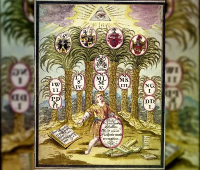 An ornate, hand-colored illustration in an old European style shows a person standing in a grove of stylized palm-like trees, surrounded by symbolic emblems and text. Above, a radiant triangle containing an eye (the “all-seeing eye”) shines through clouds. Each tree bears oval crests and circular plaques with letters, Roman numerals, and heraldic symbols. The central figure gestures outward while holding a shield-shaped panel with decorative script.