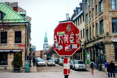 Un panneau d'arrêt rouge couvert de collants est planté au premier plan d'une rue pavée sur la place Jacques-Cartier, dans le Vieux-Montréal. Des deux bords, y'a des vieux bâtiments en pierre avec des toits mansardés pis des lucarnes, pis on aperçoit un clocher d'église au dôme vert en arrière-plan. La rue est pleine de chars stationnés pis d'autres en circulation, pis y'a quelques piétons qui marchent sur les trottoirs, près de boutiques comme la pizzeria « Bella Vita » pis le magasin « Jacques Cartier Souvenirs ». Le ciel est tout blanc et couvert, pis y'a un petit sapin en pot près de la devanture de gauche.