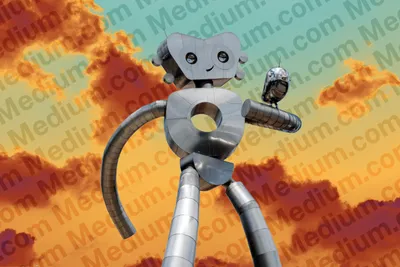 A tall, whimsical humanoid robot made of riveted brushed-steel panels and tubing stands against a surreal sunset sky. Teal at the top fading into fiery orange and magenta clouds. The robot has a heart-shaped head with round camera-lens eyes and a gentle smile, a torso with a large circular opening at its centre, one arm curved down like a flexible hose and the other extended outward, where a small bird-shaped robot perches. The word 'Medium.com' is tiled repeatedly across the entire image in large translucent letters, like a stock-photo watermark.