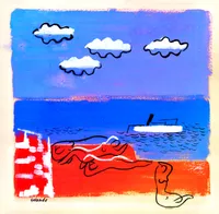 Gouache painting of a beach in flat bands of color: a violet-blue sky with four white clouds outlined in wavy black ink, a deep blue sea with a white steamboat and small black wave marks, and a red-orange shore. Loosely drawn black-line figures lie on the red sand, with white strokes marking their swimwear, and another figure sits in profile at the lower right. White brushstrokes at the left suggest beach buildings. The signature 'Golanda' is at the bottom left.