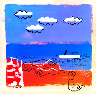 Gouache painting of a beach in flat bands of color: a violet-blue sky with four white clouds outlined in wavy black ink, a deep blue sea with a white steamboat and small black wave marks, and a red-orange shore. Loosely drawn black-line figures lie on the red sand, with white strokes marking their swimwear, and another figure sits in profile at the lower right. White brushstrokes at the left suggest beach buildings. The signature 'Golanda' is at the bottom left.