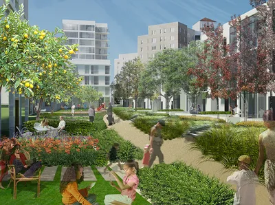 Rendering of a modern residential development featuring mid-rise apartment buildings surrounding a landscaped communal courtyard. The outdoor space includes winding pedestrian pathways, diverse plantings with citrus trees, deciduous trees with autumn foliage, ornamental grasses, and colorful flowerbeds. People of various ages are shown enjoying the space