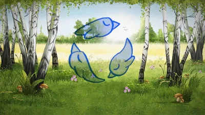 A simple blue line drawing of three birds overlaid on a serene forest clearing. The background shows birch trees framing a sunlit meadow with wildflowers, ferns, and mushrooms growing in lush green grass.