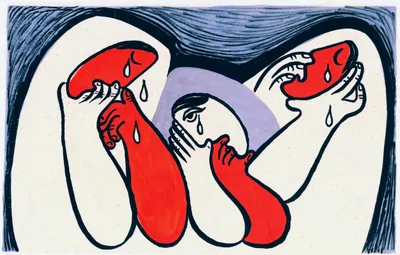 Bold graphic ink illustration in red, black, and dusty blue. A central hooded figure with one visible tearful eye has a red hand clamped over their mouth. On either side, two elongated red limb-like forms end in open, shouting mouths with teeth bared, tears dripping down. Dark wavy shapes frame the top of the composition against a cream background.