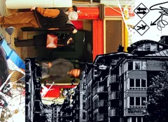 Collage numérique : une personne en mouvement flou, veste orange et sac en cuir à l'épaule, superposée à une rue illustrée en noir et blanc, avec un panneau de traverse piétonne et des éclaboussures de peinture abstraites.